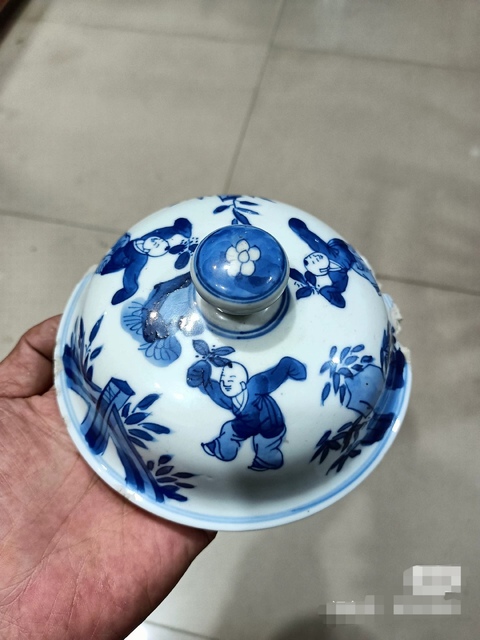 古玩陶瓷青花嬰戲圖罐蓋真品鑒賞圖