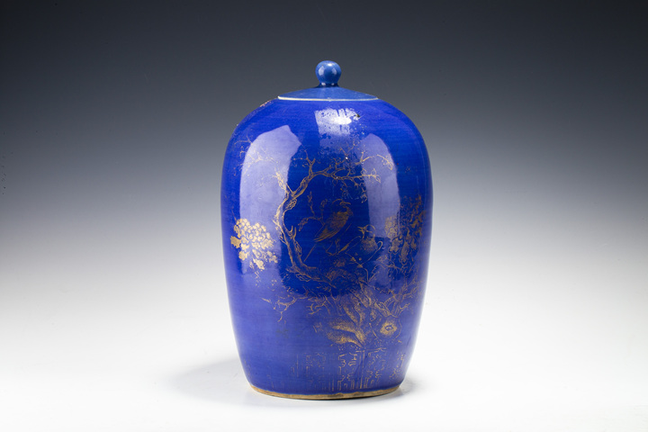古玩陶瓷清晚·藍(lán)釉描金花鳥(niǎo)紋冬瓜罐真品鑒賞圖