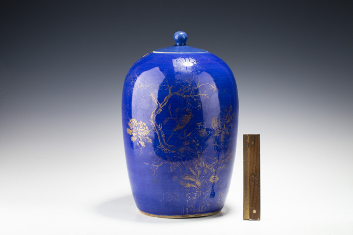 古玩陶瓷清晚·藍(lán)釉描金花鳥(niǎo)紋冬瓜罐真品鑒賞圖