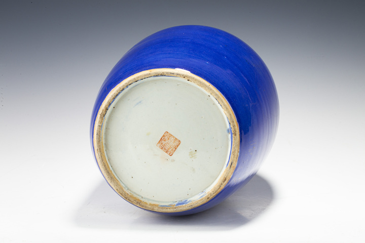 古玩陶瓷清晚·藍(lán)釉描金花鳥(niǎo)紋冬瓜罐真品鑒賞圖