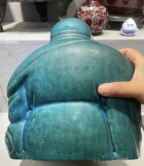 古玩陶瓷孔雀藍釉彌勒笑佛真品鑒賞圖