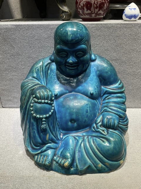 古玩陶瓷孔雀藍釉彌勒笑佛真品鑒賞圖