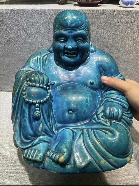 古玩陶瓷孔雀藍釉彌勒笑佛真品鑒賞圖