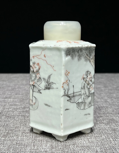 古玩陶瓷晚清墨彩八仙人物六方型茶葉罐拍賣，當前價格3777元