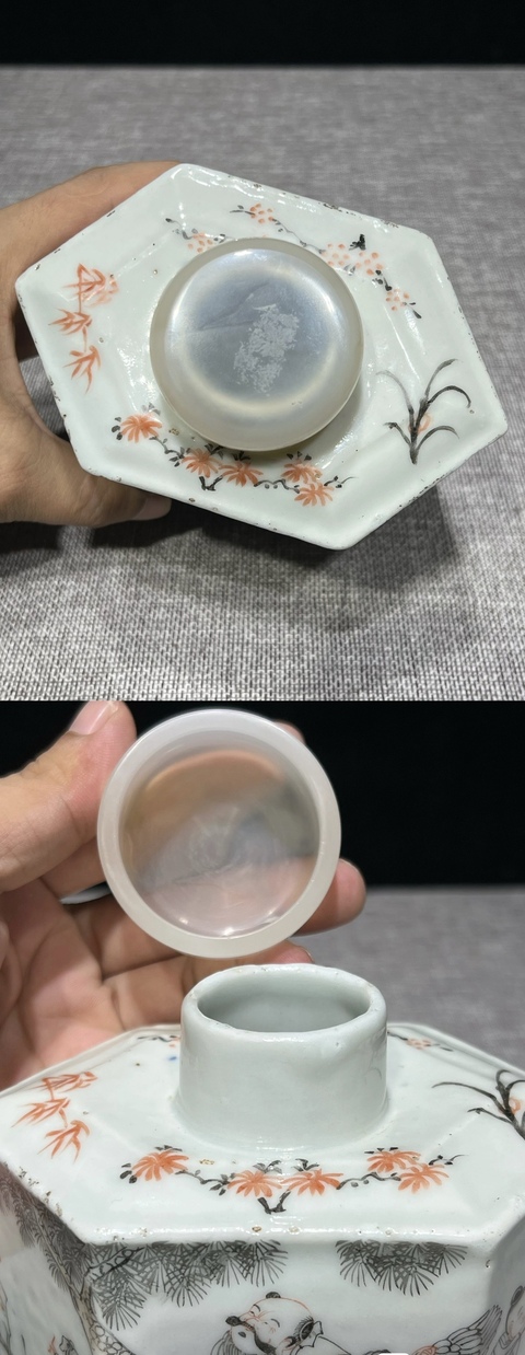 古玩陶瓷晚清墨彩八仙人物六方型茶葉罐拍賣，當前價格3777元