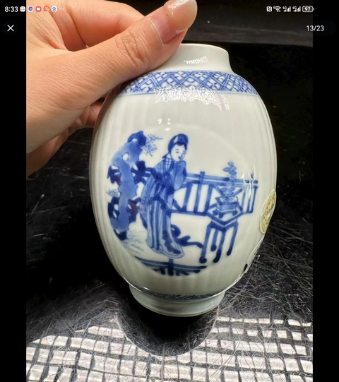 古玩陶瓷青花庭院仕女圖瓜楞罐真品鑒賞圖