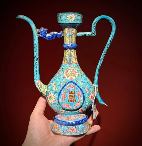 古玩陶瓷銅胎畫琺瑯五福捧壽紋執壺真品鑒賞圖