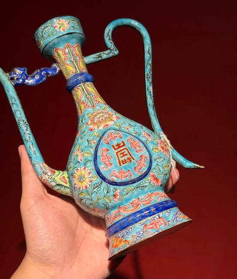 古玩陶瓷銅胎畫琺瑯五福捧壽紋執壺真品鑒賞圖