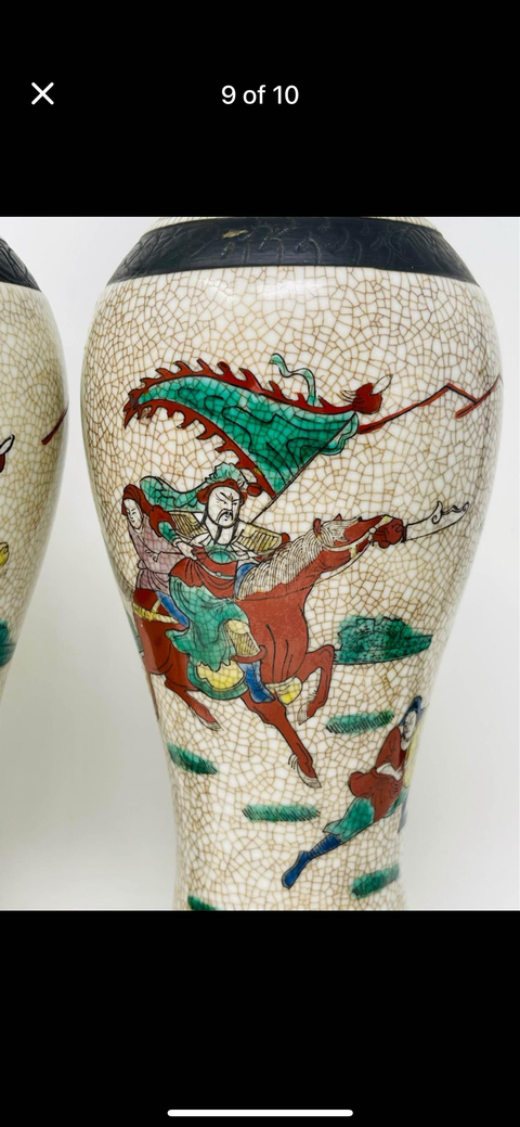 古玩陶瓷哥釉五彩刀馬人物戰將紋雞腿瓶真品鑒賞圖