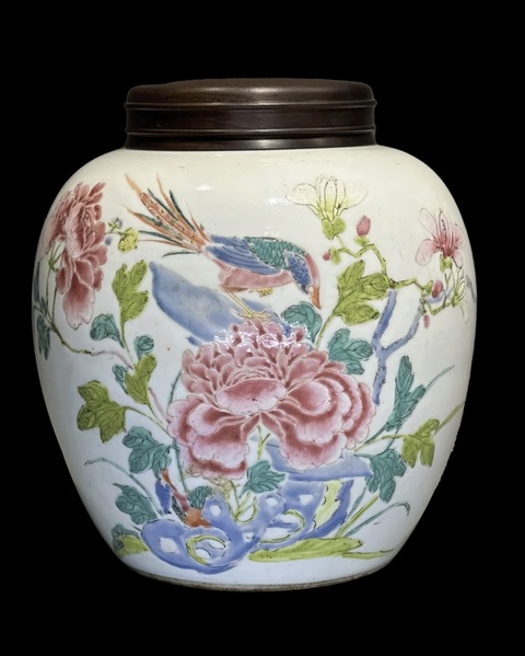 古玩陶瓷錦雞牡丹粉彩罐真品鑒賞圖