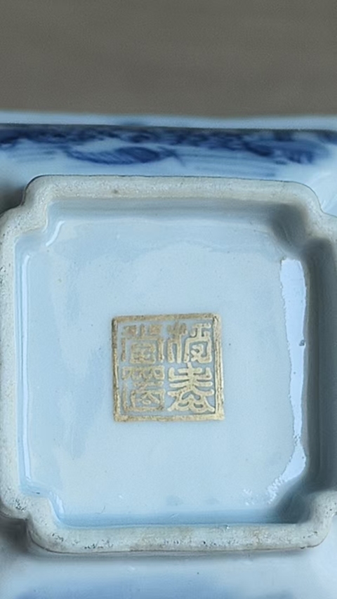 古玩陶瓷樓臺亭閣山水紋青花四方倭角杯真品鑒賞圖