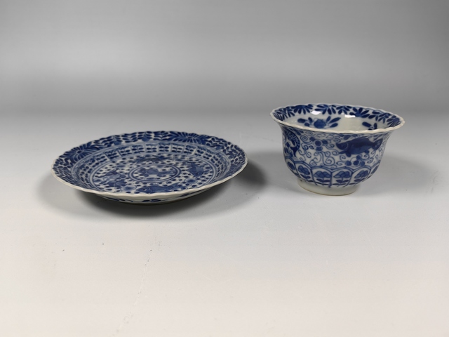 古玩陶瓷清晚金玉滿堂魚藻紋青花杯碟套真品鑒賞圖