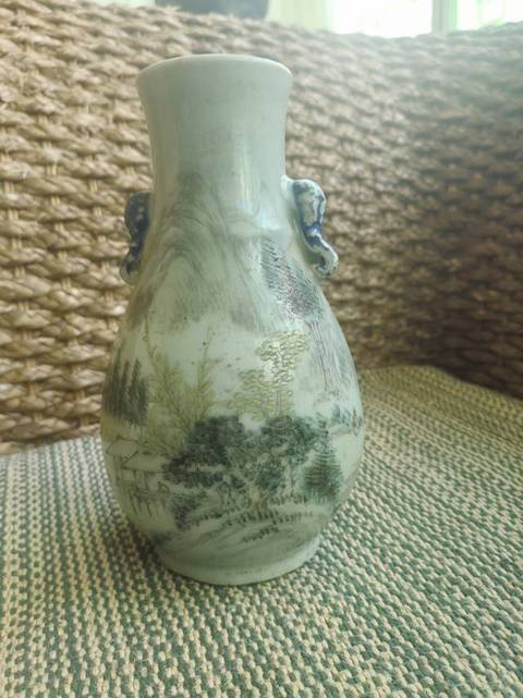 古玩陶瓷淺絳彩雙象鼻耳山水紋尊真品鑒賞圖