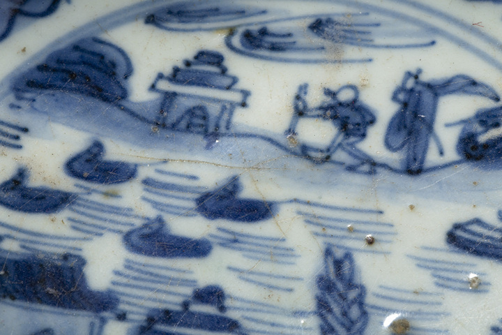 古玩陶瓷明末清初·青花開窗山水高士花卉紋大碗拍賣，當前價格16744元