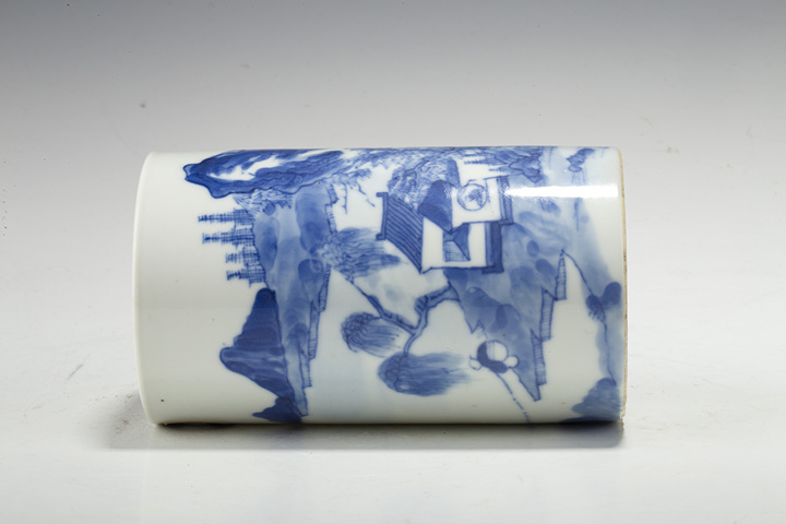 古玩陶瓷晚清·青花山水人物紋筆筒拍賣，當前價格7896元