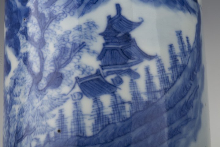 古玩陶瓷晚清·青花山水人物紋筆筒拍賣，當前價格7896元