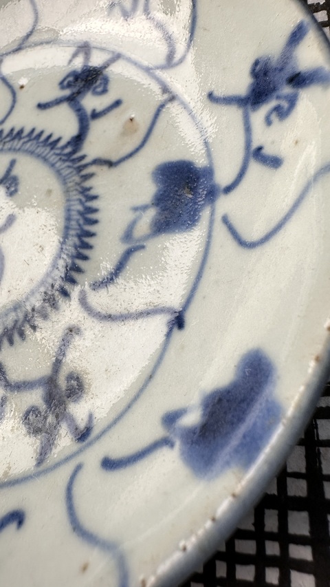 古玩陶瓷青花靈芝花卉紋盤真品鑒賞圖