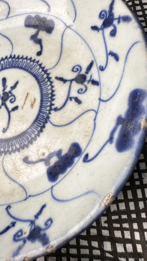 古玩陶瓷青花靈芝花卉紋盤真品鑒賞圖