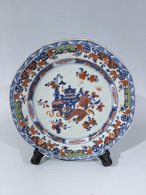 古玩陶瓷乾隆青花粉彩博古八方賞盤拍賣，當前價格176元