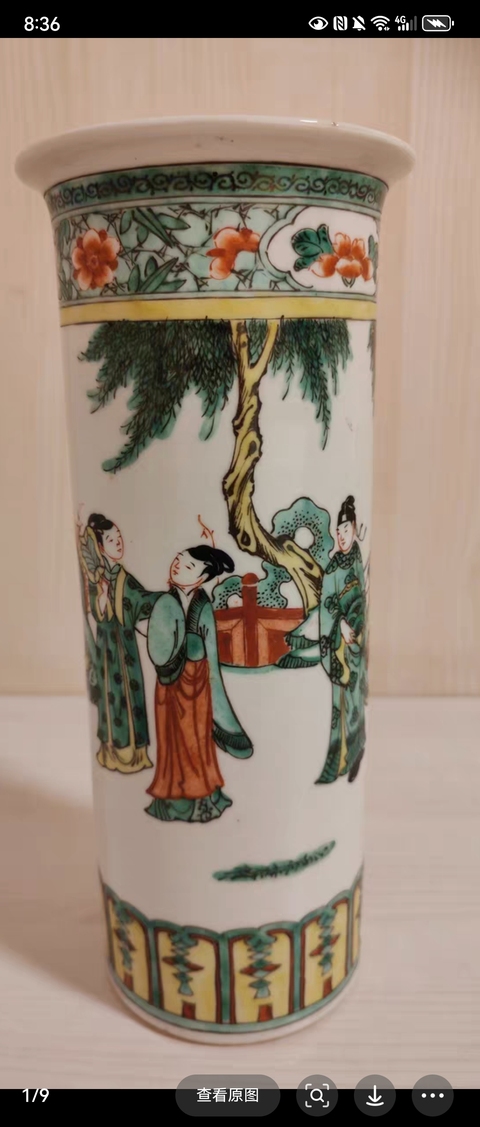 古玩陶瓷人物紋五彩花觚真品鑒賞圖