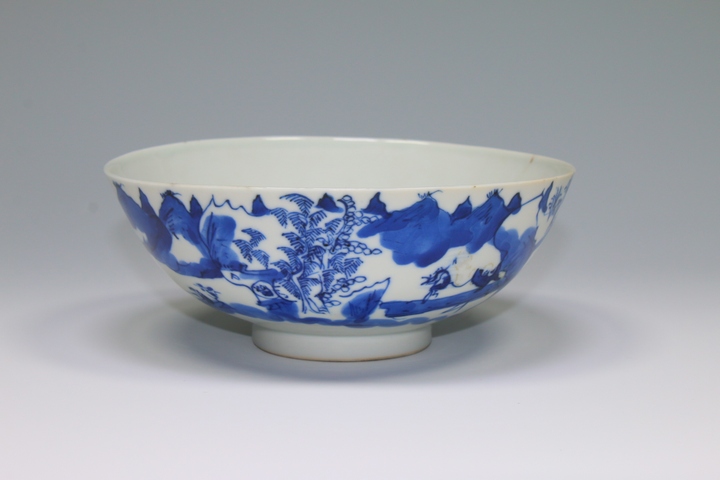 古玩陶瓷清晚期·青花漁樵耕讀故事紋大碗拍賣，當前價格168元
