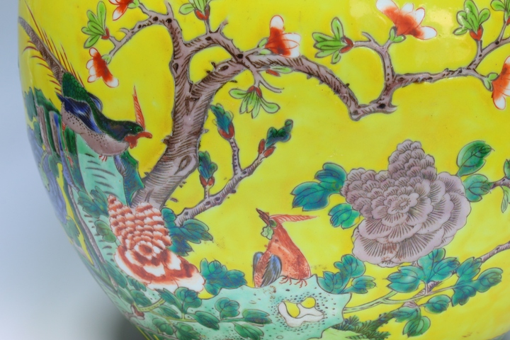 古玩陶瓷清晚期·黃底五彩錦雞牡丹紋卷缸拍賣(mài)，當(dāng)前價(jià)格2358元