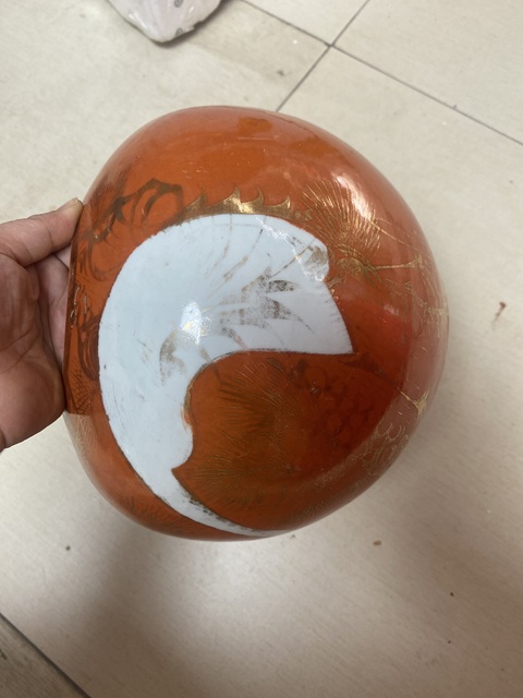 古玩陶瓷珊瑚紅釉留白松鶴紋西瓜罐真品鑒賞圖
