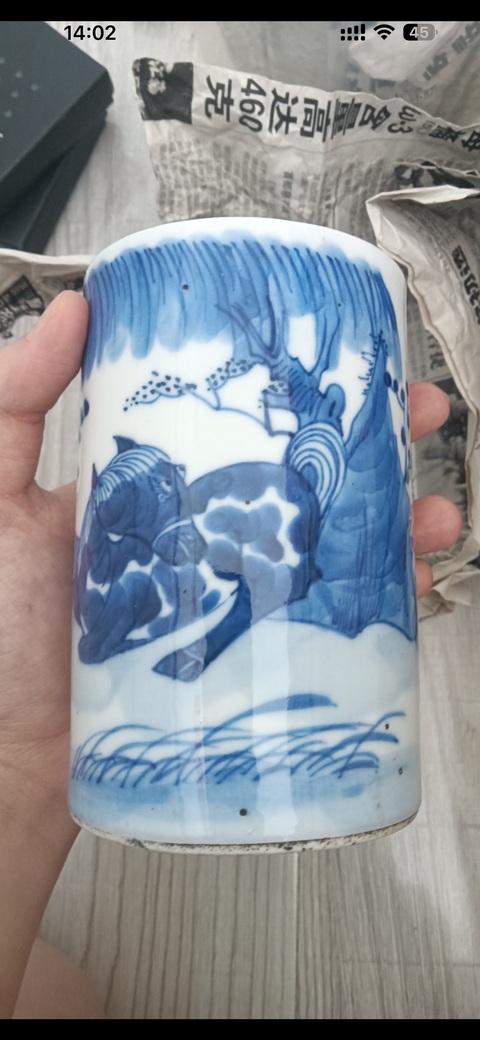 古玩陶瓷青花柳下雙駿圖筆筒真品鑒賞圖