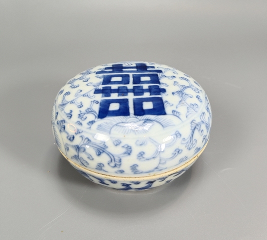 古玩陶瓷青花淡描花卉喜字粉盒真品鑒賞圖