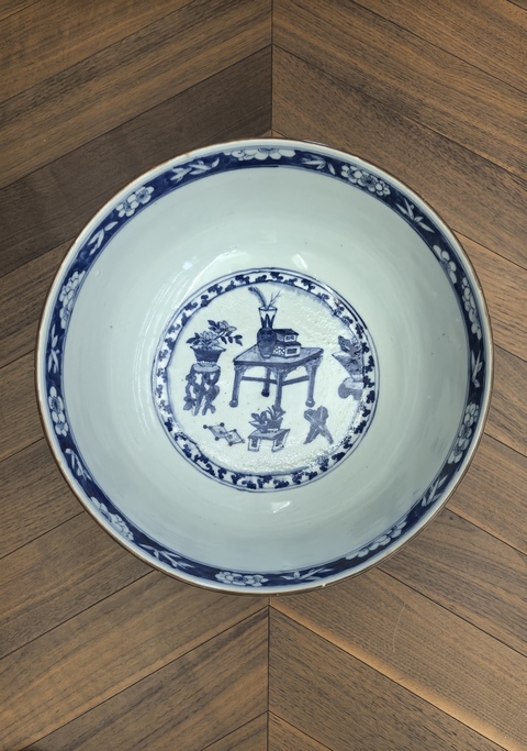 古玩陶瓷道光青花開光博古圖大海碗⊙37.7cm拍賣,當前價格18888元