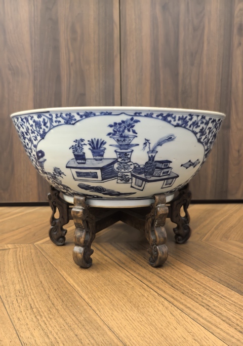 古玩陶瓷道光青花開光博古圖大海碗⊙37.7cm拍賣,當前價格18888元