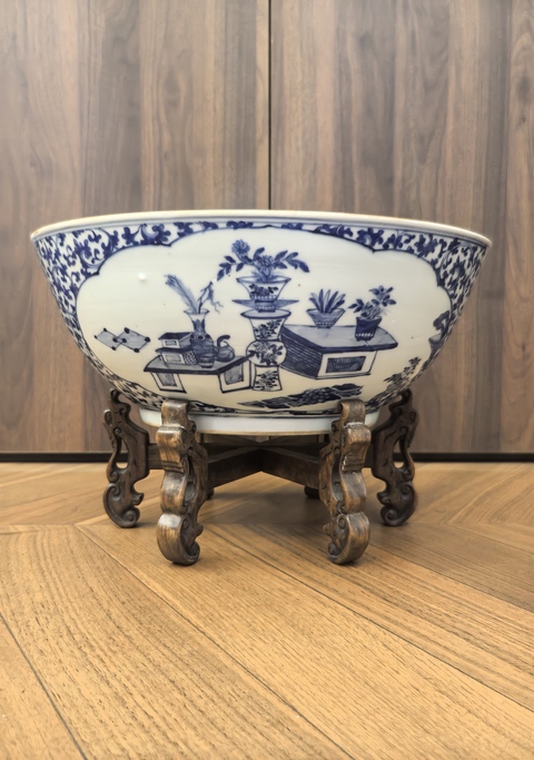 古玩陶瓷道光青花開光博古圖大海碗⊙37.7cm拍賣,當前價格18888元