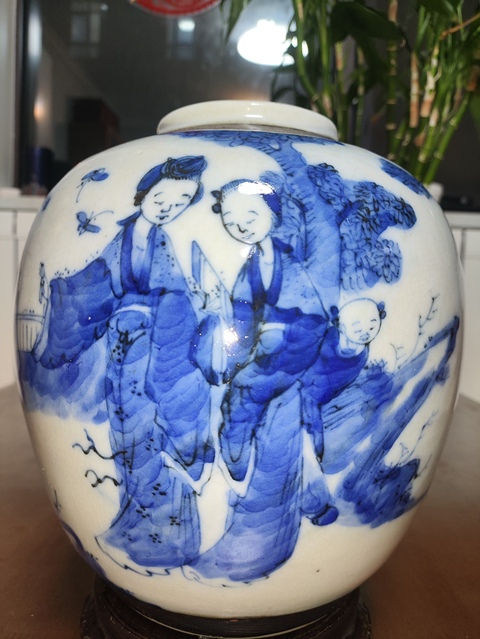 古玩陶瓷青花教子圖人物紋罐真品鑒賞圖