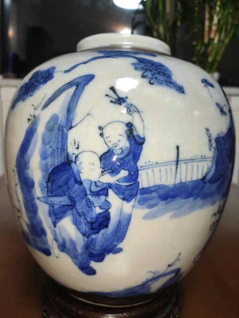 古玩陶瓷青花教子圖人物紋罐真品鑒賞圖