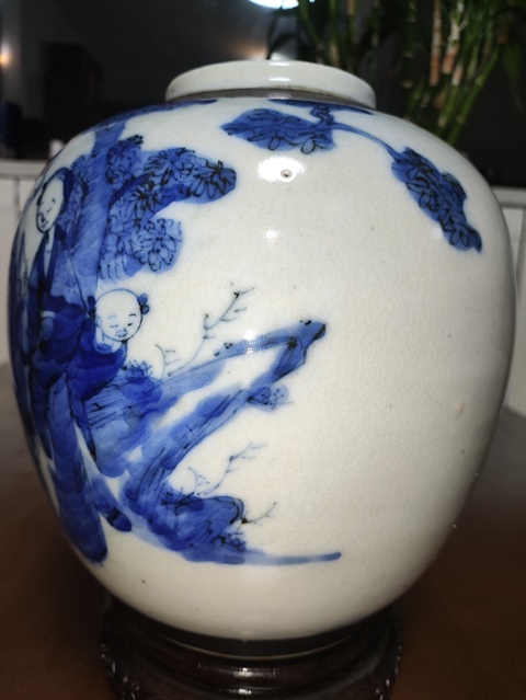 古玩陶瓷青花教子圖人物紋罐真品鑒賞圖
