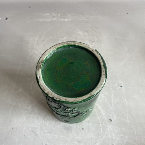 古玩陶瓷民國(guó)綠釉堆塑花卉紋筆筒真品鑒賞圖