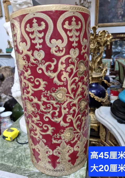 古玩陶瓷珊瑚紅描金花卉紋帽筒真品鑒賞圖