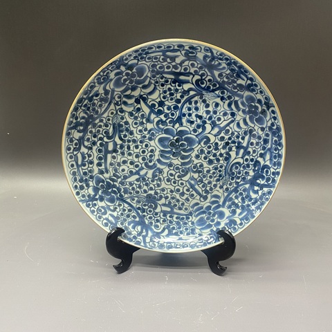 古玩陶瓷清康熙·雙犄牡丹·青花盤拍賣，當前價格3500元