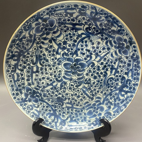 古玩陶瓷清康熙·雙犄牡丹·青花盤拍賣，當前價格3500元