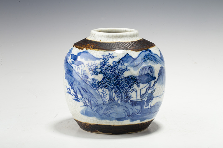 古玩陶瓷清晚·哥釉青花山水人物紋罐真品鑒賞圖