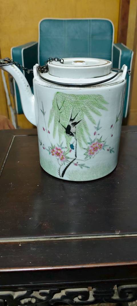 古玩陶瓷粉彩柳樹黃鶯茶壺真品鑒賞圖