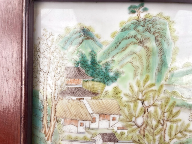 古玩陶瓷民國·粉彩山水樓閣人物瓷板拍賣,當前價格0元