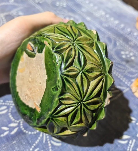 古玩陶瓷綠釉浮雕花卉紋洗，平臺不允許估價真品鑒賞圖