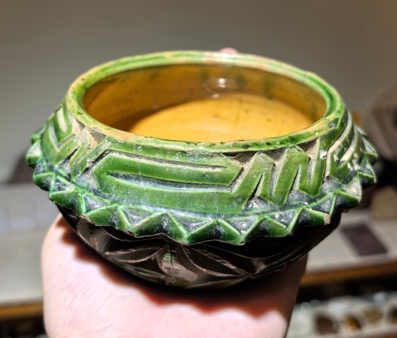 古玩陶瓷綠釉浮雕花卉紋洗，平臺不允許估價真品鑒賞圖