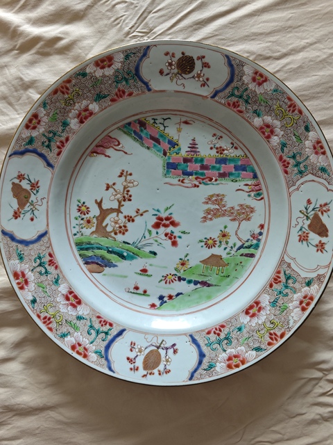 古玩陶瓷超大雍正江西十景粉彩折沿盤拍賣,當前價格11000元