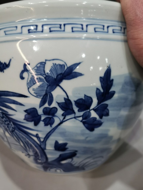 古玩陶瓷青花牡丹鳳凰紋卷缸真品鑒賞圖