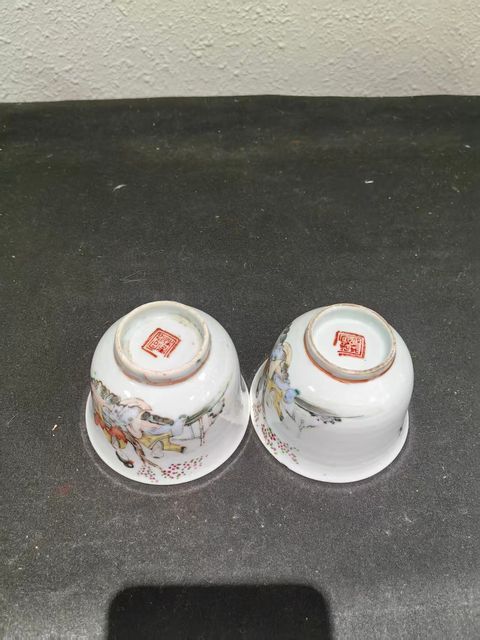 古玩陶瓷三娘教子茶杯一對(duì)真品鑒賞圖