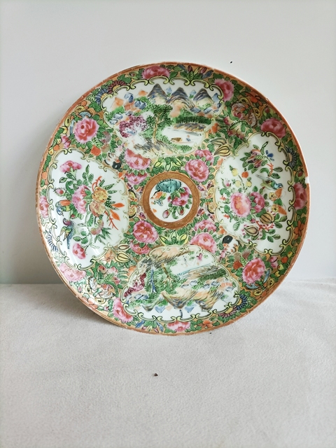 古玩陶瓷廣彩山水花卉紋盤真品鑒賞圖