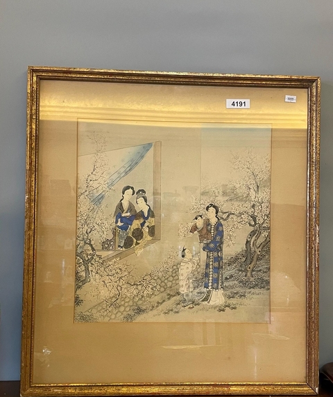 古玩字畫佚名工筆仕女育嬰圖鏡框真品鑒賞圖