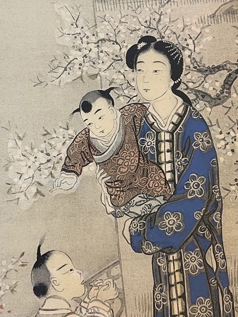 古玩字畫佚名工筆仕女育嬰圖鏡框真品鑒賞圖
